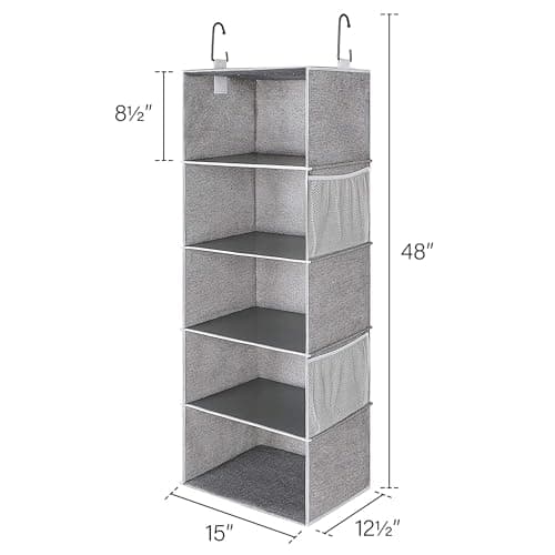 StorageWorks 5-Shelf Hanging Shelves for Closet, Foldable Hanging Closet Organizers with 2 Side Pockets, Portable Clothes Organizers for Bedroom, Wardrobe, 12 1⁄2" D x 15" W x 48" H, Gray - Thumbnail 3