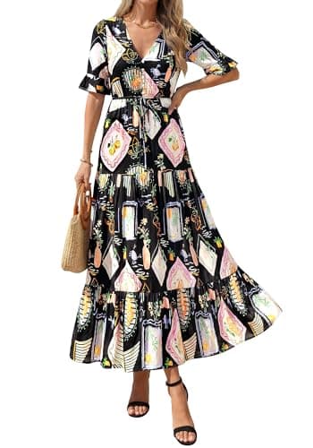 BTFBM Boho Dresses for Women 2026 Summer Spring Casual Floral Short Sleeve V Neck Flowy A-Line Maxi Party Dress Pockets(Floral Black Multi, Medium) - Thumbnail 5