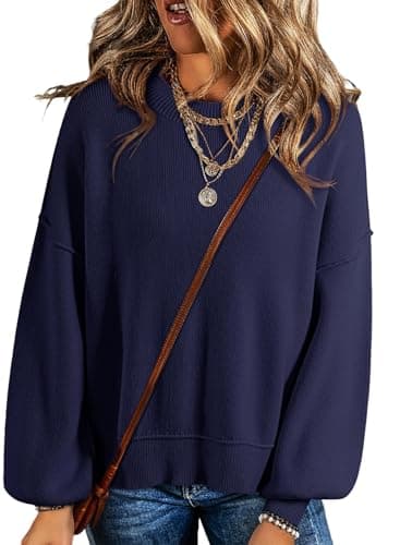 Dokotoo Womens Plus Size Sweaters Crew Neck Striped Solid Comfy Ribbed Knit Long Sleeve Shirts Cute Casual Loose Chunky Crop Pullover Sweater Oversized Jumper Tops Navy Blue XX-Large - Image 1