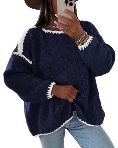 KIRUNDO Womens Sweaters 2026 Fall Oversized Long Sleeve Chunky Knit Crew Neck Contrast Stitching Pullover Winter Clothes(Royal Blue, Small) - Image 1