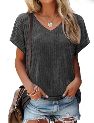 JUSTFASHIONNOW Short Sleeve Shirts for Women Dressy Casual Summer V Neck Tops Loose Fit Plus Size Basic Tee 2026 Trendy Spring Outfits Black XL - Image 1