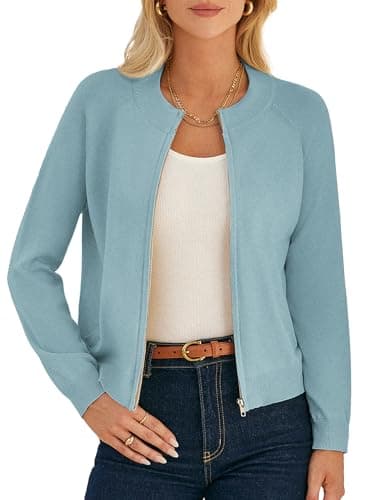 GRACE KARIN Zip Up Cardigan Sweaters for Women Lightweight Spring Outfits Fashion Clothes Light Jackets for Women Blue L - Image 1