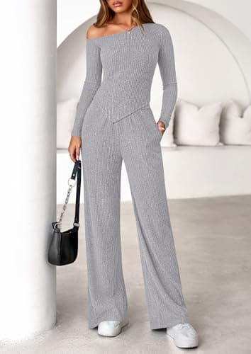 PRETTYGARDEN Fall Two Piece Sets For Women 2026 Off Shoulder Tops Long Pants Knit Matching Lounge Set Airport Travel Outfits(Light Grey,X-Large) - Thumbnail 4
