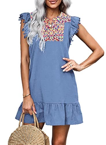 KIRUNDO Women's 2026 Summer Mini Dress Spring Casual V Neck Floral Embroidered Ruffle Sleeveless Shift Flowy Boho Dress (Dark Blue, Large) - Image 1