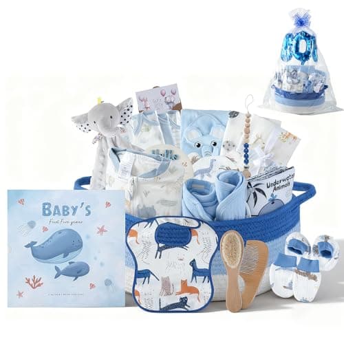 25-Pcs Luxury Baby Boy Gift Basket Set, Blue (0-12M Newborn) | Premium Baby Shower Gifts with Keepsake Memory Book. Ultimate Newborn Essentials in Woven Basket for Unforgettable Welcome Mom Gift - Image 1