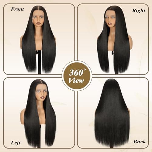 Erqq Synthetic Lace Front Wig 30inch/76cm 13x6 HD Long Black Straight Wigs for Women Pre Plucked Natural Hairline Heat Resistant Synthetic Wig for Daily Use (#1B Natural Black) - Thumbnail 6