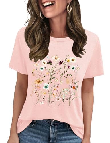 LETSEE Graphic Tees for Women Short Sleeve Loose Fit Casual T Shirts Cute Boho Vintage Dressy Trendy Summer Tops, Light Pink, L - Image 1