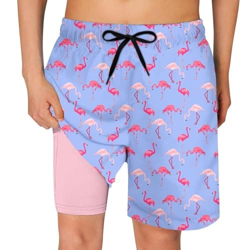 Cozople Big Boy's Pink Flamingo Swim Trunks with Compression Liner Quick Dry UPF50+ Swimwear Bathing Suits Stretchy No Mesh Sports Surfing Boardshorts Swimsuit Size 8 - Image 1