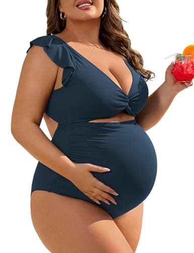 Charmo High Waisted Maternity Swimsuit Ribbed Ruffle One Piece Pregnancy Bathing Suits Self Tie Swimwear M Navy - Image 1