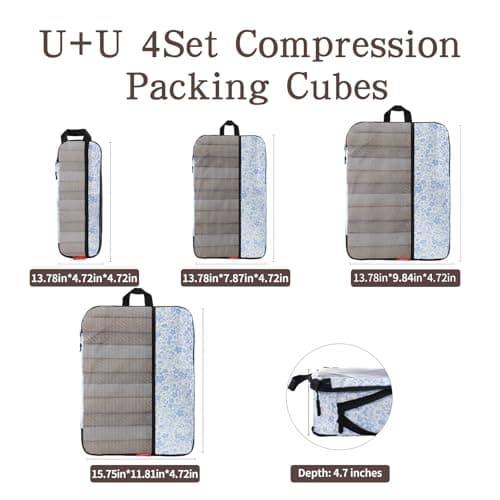U+U 4 Set Compression Packing Cubes - Ultralight Travel Organizers, Space-Saving Suitcase Organizer, Expandable Packing Cubes for Travel, Business Trip and Family Vacation (Blue Flower) - Thumbnail 5