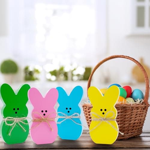 Oeyliz Easter Decorations 4PCS Easter Wooden Bunny Table Decorations Wooden Rabbit Tiered Tray Decor Spring Wood Decor for Home Mantel Home Table Party - Thumbnail 3