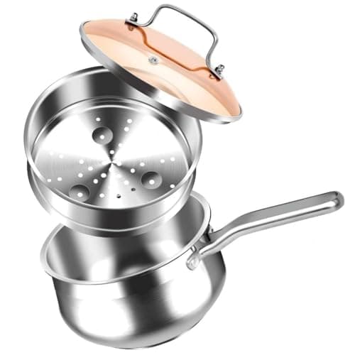 WANGYUANJI 2.5 Quart Stainless Steel Saucepan with Steamer Basket - 2-in-1 Multipurpose Steamer Pot for Cooking, Veggies & Pasta - Tri-Ply Bottom Induction Sauce Pan with Glass Lid, Silver - Image 1