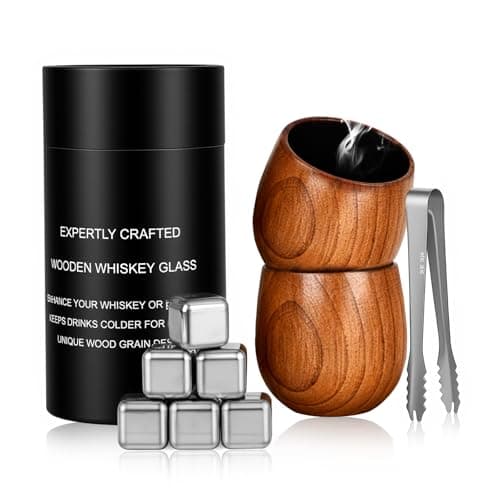 Solunvia Charred Wooden Bourbon Drinking Glass Wooden Whiskey Glasses Set of 2 with 6 Stainless Steel Whiskey Stones and Tongs Old Fashioned Glass Bourbon Gifts for Men (2 Pack – Tube Gift Box) - Image 1