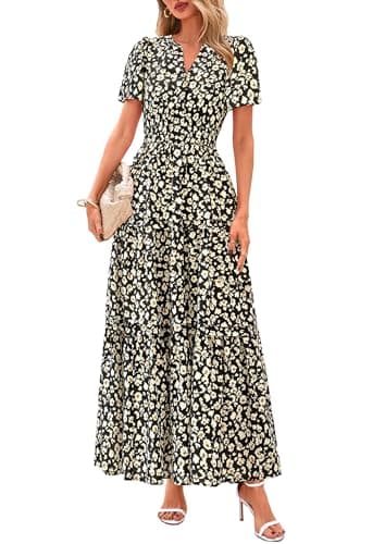 PRETTYGARDEN Women's 2026 Summer Boho Maxi Dresses Floral Short Sleeve V Neck A Line Tiered Flowy Long Beach Vacation Dress (Black,Medium) - Image 1