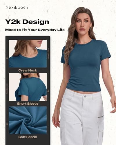 NexiEpoch 5 Pack T Shirts for Women - Crew Neck Short Sleeve Crop Tops Plain Casual Basic Tees Fitted Clothes Cute Y2K Outfit - Thumbnail 3