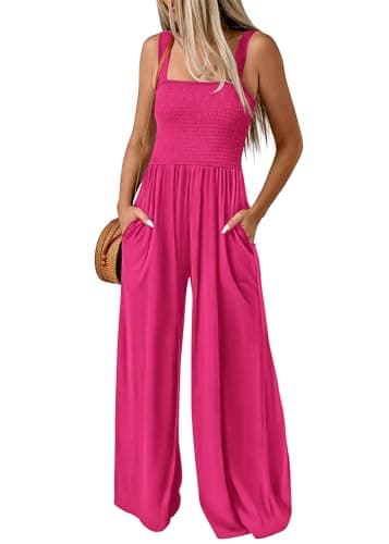 KIRUNDO Jumpsuits for Women Elegant Smocked Wide Leg Sleeveless One Piece Jumpsuits Wide Strap Long Pant Rompers Overalls Brunch Outfits(Rose Red, X-Large) - Image 1