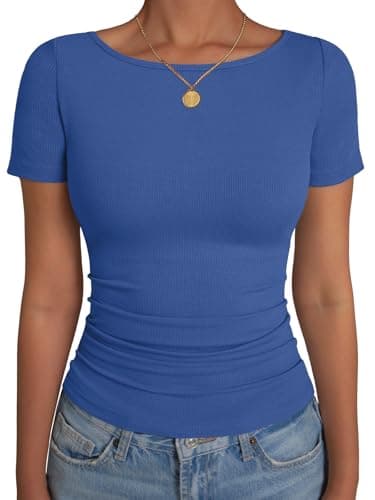 GKBK Boat Neck Tops for Women Ribbed Short Sleeve T-Shirts Slim Fitted Tight Compression Top Soft Y2K Basic Casual Going Out Tops for Spring Summer 2026 Trendy Fashion Outfits Royal Blue - Image 1