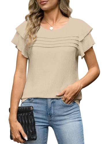 Funlingo Womens Tops Dressy Casual Summer Ruffle Short Sleeve Blouses Crew Neck Pleated Office Work Shirts 2026 Business Casual Outfits Khaki M - Image 1