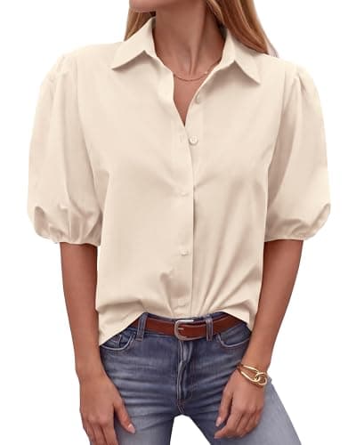 BTFBM Women's Button Down Shirts Short Puff Sleeve Collared V Neck 2026 Summer Tops Dressy Casual Work Business Blouses(Beige, X-Large) - Image 1