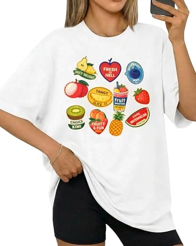Aiyino Yk2 Womens Oversized Graphic T Shirt 100% Cotton Fruit Sticker Graphic Shirt Casual Summer Loose Fit Tee L - Image 1