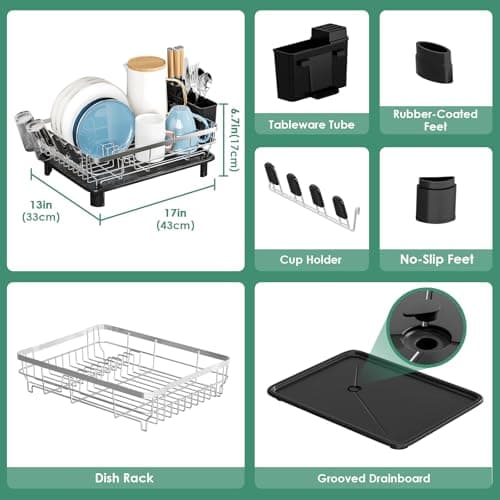 MOUKABAL Dish Drying Rack, Dish Rack, Stainless Steel Dish Racks for Kitchen Counter, Dish Drainer with Removable Utensil Holder, Drainboard (Black,Stainless Steel,13''W x 17''L) - Thumbnail 3