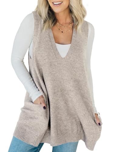 Saodimallsu Womens Sleeveless Sweater Vest V Neck Loose Knit Casual A Line Flattering Tunic Top with Pockets - Image 1