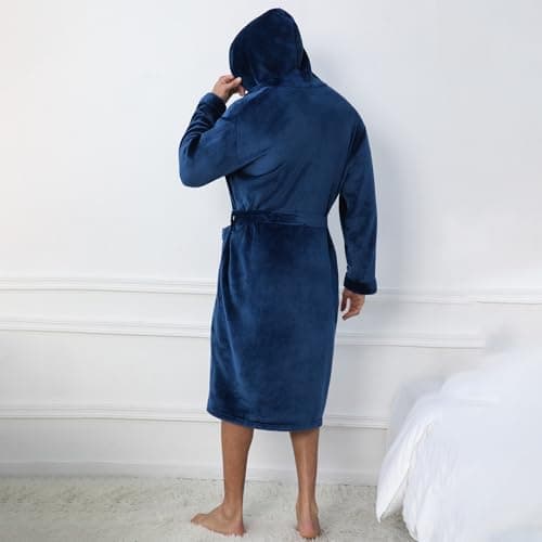 Lagtew Men's Hooded Fleece Bathrobe, Absorbent Anti-Static Plush Robe for Men with Pockets, Warm Soft for Home,NAVY,S/M - Thumbnail 3