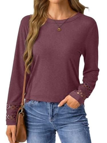 GKBK Womens Long Sleeve Tops Business Dressy Casual Blouses Crewneck Loose Fit Lightweight T Shirts Cute Work Tee Ladies Tunic 2025 Fall Winter Fashion Clothes Trendy Outfits Wine Red S - Thumbnail 5