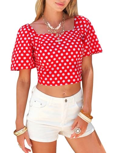 EXLURA Women's 100% Cotton Polka Dot Crop Top Square Neck Open Back Tie Knot Summer Vacation Beach Blouse Cute Ruffle Shirts Red - Image 1