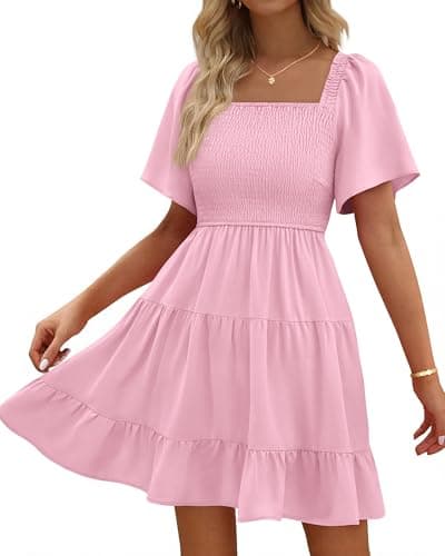 BTFBM Womens Summer Smocked Mini Dress Spring Square Neck Flutter Sleeve Casual Ruffle Swing Boho Beach Dresses Pockets(Pink, XX-Large) - Image 1