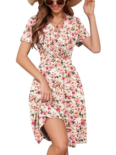 Heymoments Women's Summer Comfy Swing Sundress Creamy Vintage Blossom Small Short Sleeve Casual Midi Dress Wrap V Neck A-Line Classy Beach Vacation Teacher Dresses with Pockets - Image 1