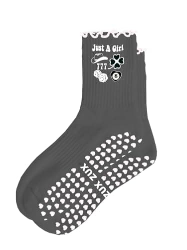 Puedizux Women Cute Pilates Socks Grip Ruffle Cuff Embroidery Pattern Workout Ballet Crew Yoga Socks - Image 1
