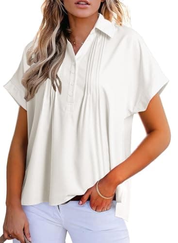 Dokotoo Plus Size Tops for Women Dressy Casual Chiffon Blouse Short Sleeve Shirts for Women Collared V Neck Work Office Button Down Shirt Solid Color Loose Fit T-Shirts White Polo Shirts XX-Large - Image 1