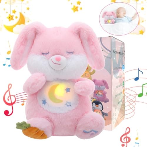 MILEGI Breathing Stuffed Animal, Soothe Snuggle Pink Easter Bunny Stuffed Animal for Anxiety Adults and Kids, Sleeping Soothing Bunny Plush with Realistic Breathing and Lights, Easter Basket Stuffers - Image 1