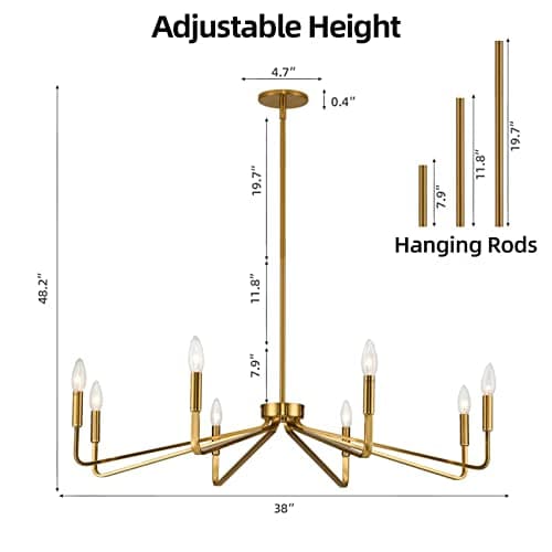 ACANER 38" Gold Chandeliers for Dining Room, 8-Light Modern Farmhouse Chandelier Light Fixture, Brushed Brass Industrial Candle Lighting Hanging Ceiling for Living Room Bar Kitchen Island Lights - Thumbnail 5