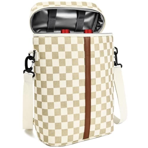 Neverwhy Insulated Wine Bag - Wine Bottle Carrier Tote Cooler Bags for Gifts Travel Picnic Beach, Khaki Checkered Pattern - 2 Bottle - Image 1