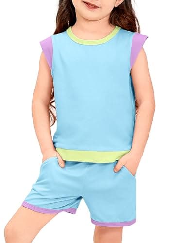 XMWEALTHY Girl Clothes Summer Outfits Color Block Short Sleeves T-Shirt with Short Sets 2 PCS Toddler Girls Fashion Sweatsuit Blue 5-6T - Image 1