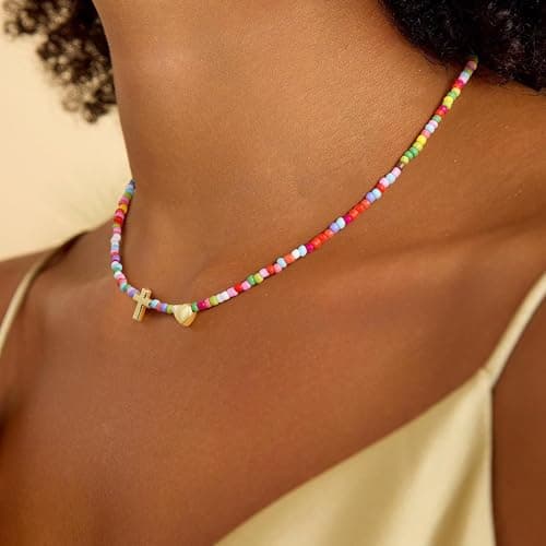Turandoss Colorful Beaded Cross Necklace for Women - Dainty 14K Gold Plated Heart Pendant Necklaces Personalized Cross Beaded Choker Necklace for Women Baptism Christian Religious Easter Gifts - Thumbnail 3