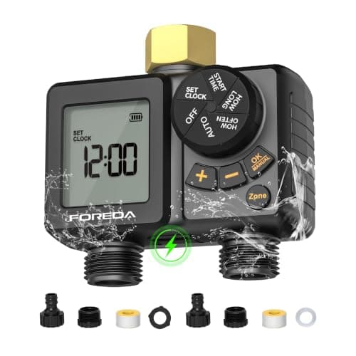 FOREDA 2 Zone Water Timer for Garden Hose, Programmable Hose Timer for Watering with Built-in Rechargeable Battery, Rain Delay/Manual/Auto Modes, IPX6 Waterproof Sprinkler Timers for Lawn, Yard, Farm