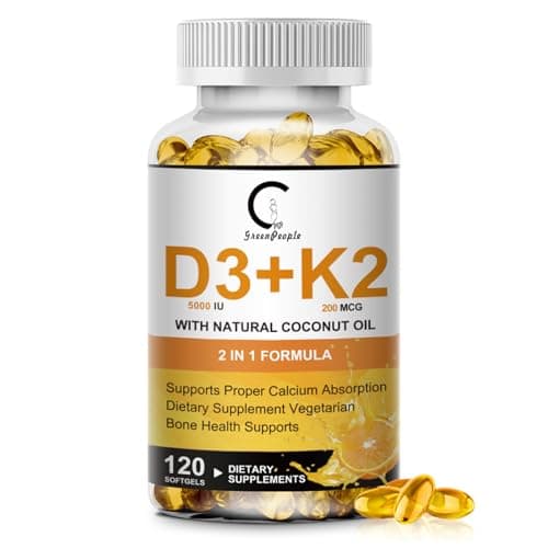 Vitamin D3 K2 Supplement with Vitamin D3 5000 IU, 200 mcg Vitamin K2 MK-7 & Natural Coconut Oil, Plant Based 2-1 Formula for Bone, Teeth, Muscle and Immune Health Support,120 Softgel Capsules - Image 1