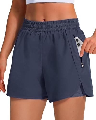 Sorfneo Womens Athletic Shorts 3" with Zipper Pockets, High Waisted Quick Dry Workout Running Shorts with Liner Biker Gym Navy Blue - Image 1