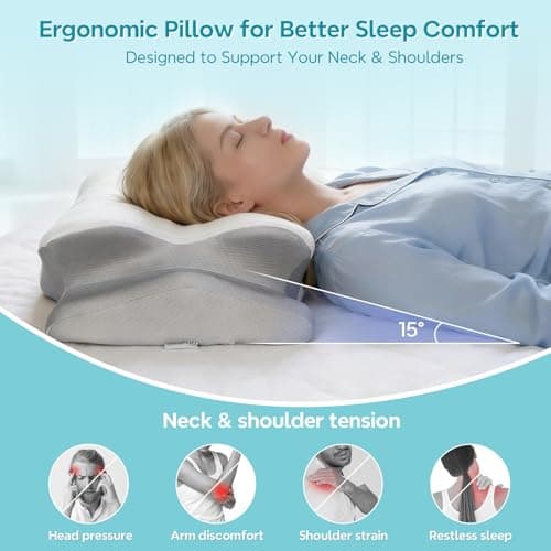 ZeroZillo Cervical Neck Pillow for Sleeping, Ergonomic Memory Foam Pillow for Neck Pain Relief, Dual Height Contour Support for Side and Back Sleepers, Cooling Breathable Pillowcase, White & Grey - Thumbnail 6
