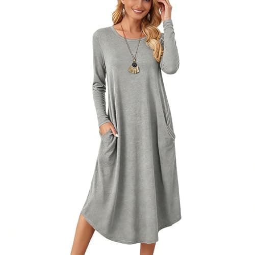 Lounge Dress for Women Long Sleeve Midi Long Dress Loose Casual Side Slit Dresses Pocket M Grey - Image 1