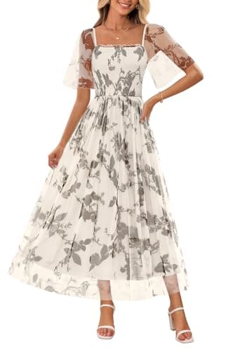 MEROKEETY Women's 2025 Summer Short Sleeve Floral Tulle Dress Square Neck Smocked Party Wedding Boho Maxi Dresses, Beige, XL - Image 1
