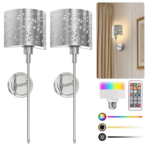 L LOHASL LED Battery Operated Wall Sconces Set of 2, RGB Color Changing Wireless Wall Sconces, Dimmable Timer, Rechargeable Bulb, Vintage Decor for Bedroom Living Room, Chrome - Image 1
