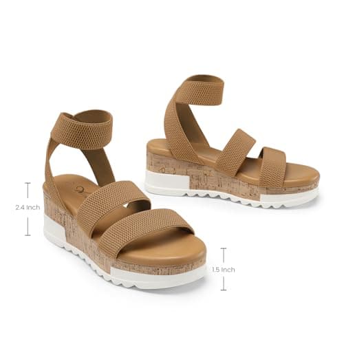 Athlefit Women's Casual Cork Platform Wedge Sandals Open Toe Elastic Ankle Strap Flatform Sandals for Summer, Brown, Size 9, AD00102 - Thumbnail 5