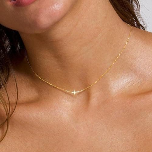 JNZSSWHJJH Cross Necklace for Women - 18K Gold Plated Sideway Cross Necklace Dainty Gold Cross Necklace for Women Gold Jewelry Christian Christmas Gift for Woman Teens - Thumbnail 2