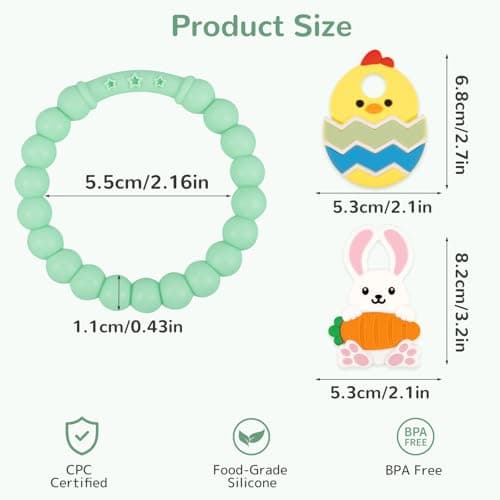 Easter Teething Ring for Baby, Bunny Carrot & Chick Egg Silicone Teether Bracelet, Sensory Chew Toys for Newborns & Infants 3–12 Months, Easter Basket Stuffers for Toddlers, Baby First Easter Gift - Thumbnail 2