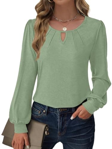 GKBK Women's Long Sleeve Tops Dressy Business Casual Blouses Chiffon Basic Loose Fit V Neck Work Shirt Pleated Keyhole 2025 Fall Winter Clothes Trendy Outfits Green Large - Image 1