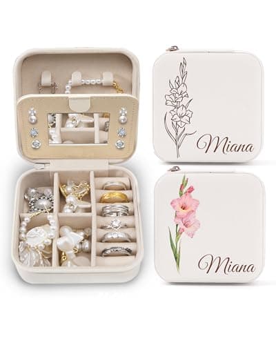 Personalized Jewelry Travel Case(with mirror) with Your Name and Birth Flower,Personalized Gifts for Women - Festival gifts, Bridesmaids Gifts, Small Travel Jewelry Box Organizer for Girls (white) - Image 1